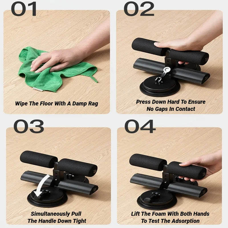 Abdominal exercise machine with suction cup and ankle support. 