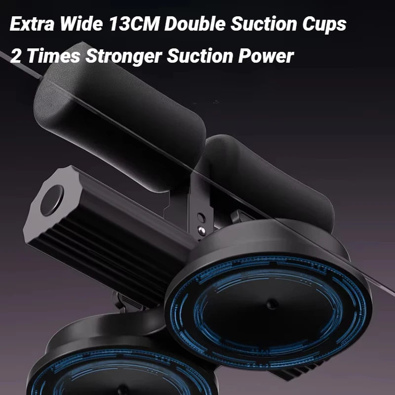 Abdominal exercise machine with suction cup and ankle support. 